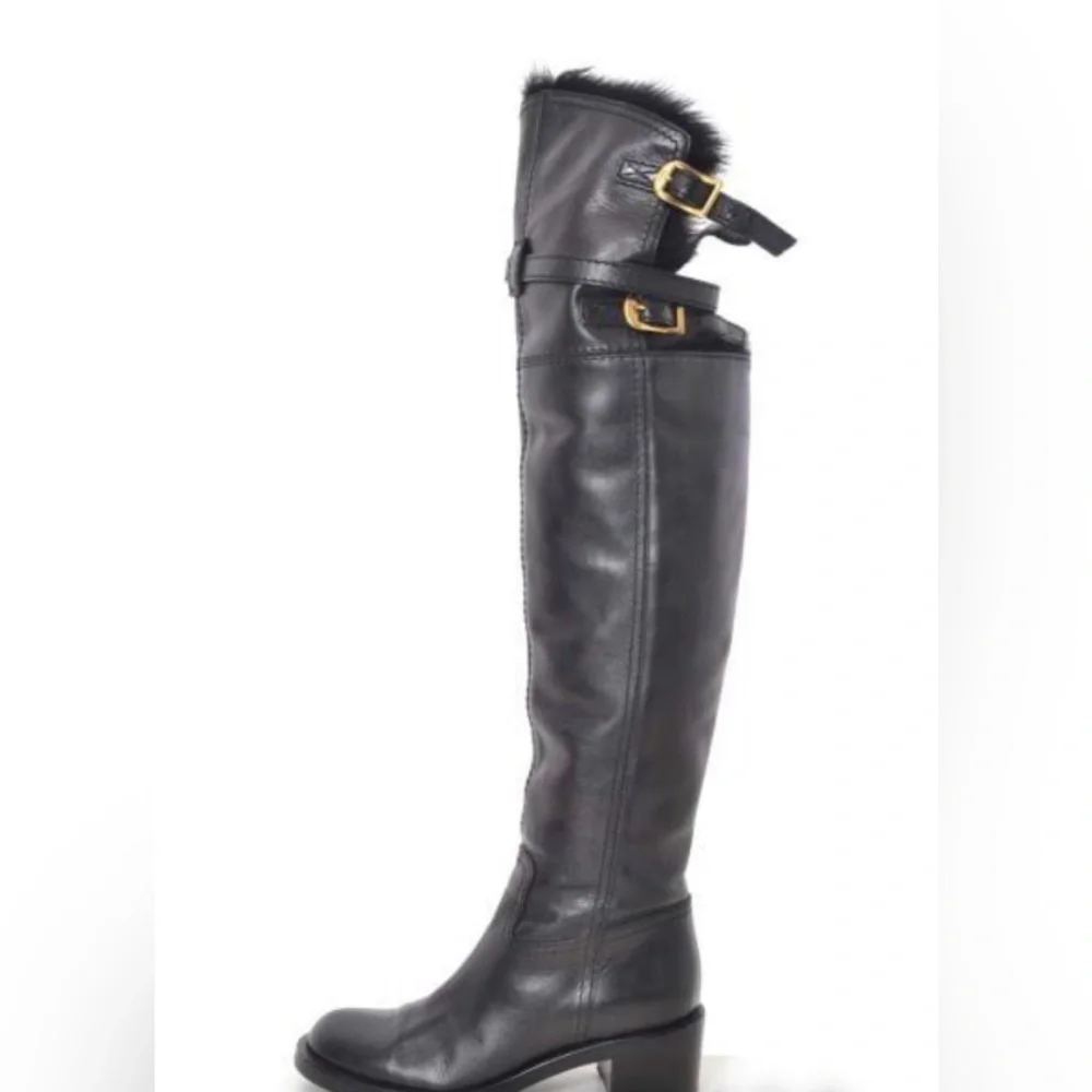 Gucci Vintage Fur Lined Leather Tall Black Gold Heeled Boots Size 4.5